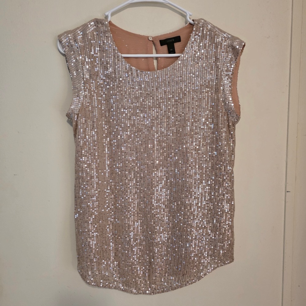 J Crew Womens Glam Sequin Top Size 00 Rose Gold Sleeveless Keyhole Blouse Party
